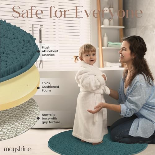 Image of MAYSHINE Large Plush Shaggy Chenille Bath Mat 36 inchx36 inch Round, Extra Soft, Super Absorbent, Non-Slip Bathroom Rug, Fluffy Microfiber, Area Rug Sets for Bathroom Floor, Kitchen, Living Room, Teal