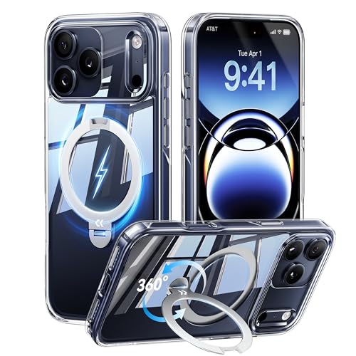 【透き通る上質感・定点360°回転】CASEKOO iPhone 17 Pro 用ケース クリア 耐黄変 横縦両立 角度自在 MagSafe対応 米軍規格保護 耐衝撃 高耐久性 超強磁力 最大25W急速充電対応 感 フィット感 ラップホール付き 透明 いphone17pro 用ケース 6.3インチ「MagicStand Pro Kori」(クリア)