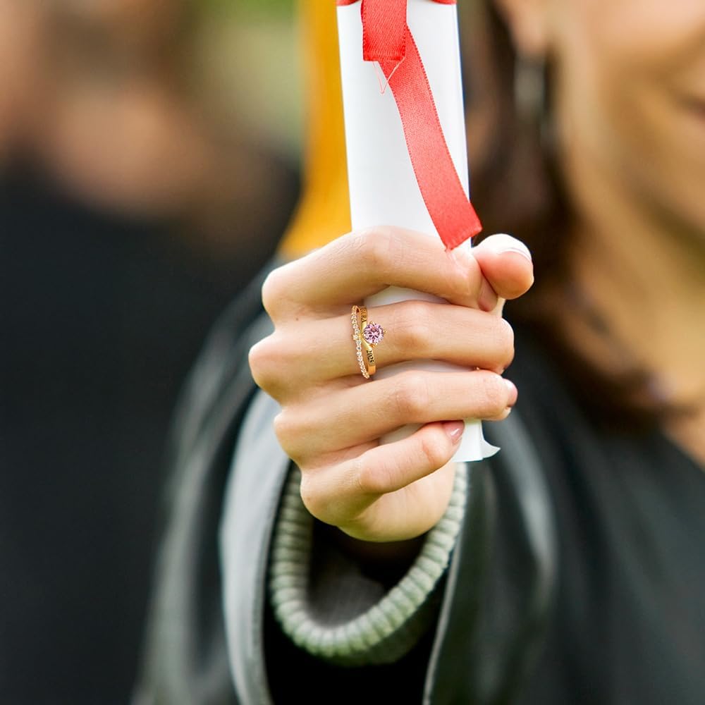 AILIN Personalized Class Rings For Women High School Custom Birthstone Engraved Graduation Ring For Her Sterling Silver 925/Brass University College Jewelry Graduation Gifts