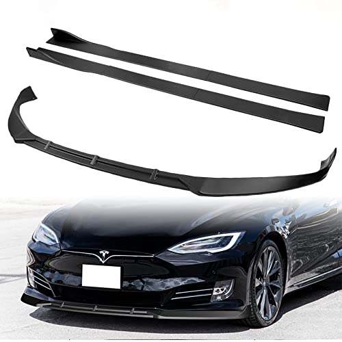Q1-TECH, 9 PCS Front Bumper Body Kit Lip & Side Skirt Extensions Diffuser Set Compatible with 2016 2017 2018 2019 2020 Tesla Model S, Front Lip Spoiler Air Chin Body Splitter, Unpainted Matt Black