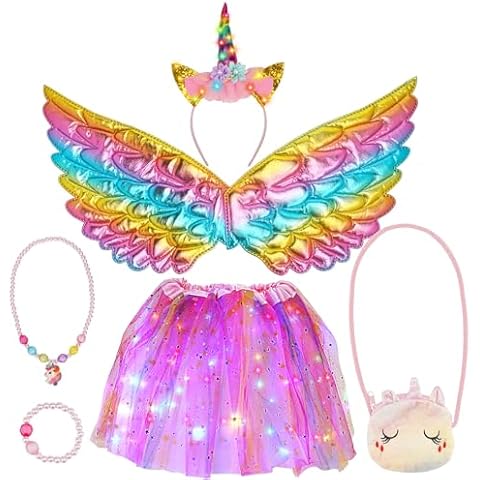 CAKKA Unicorn Costume Set, 6PCS Halloween Costume with Unicorn Horn Tutu Dress Wing Bag Necklace Bracelet, Rainbow Unicorn Cosplay Set with LED Light for Girls 4-8 Years Old Dress Up Cover