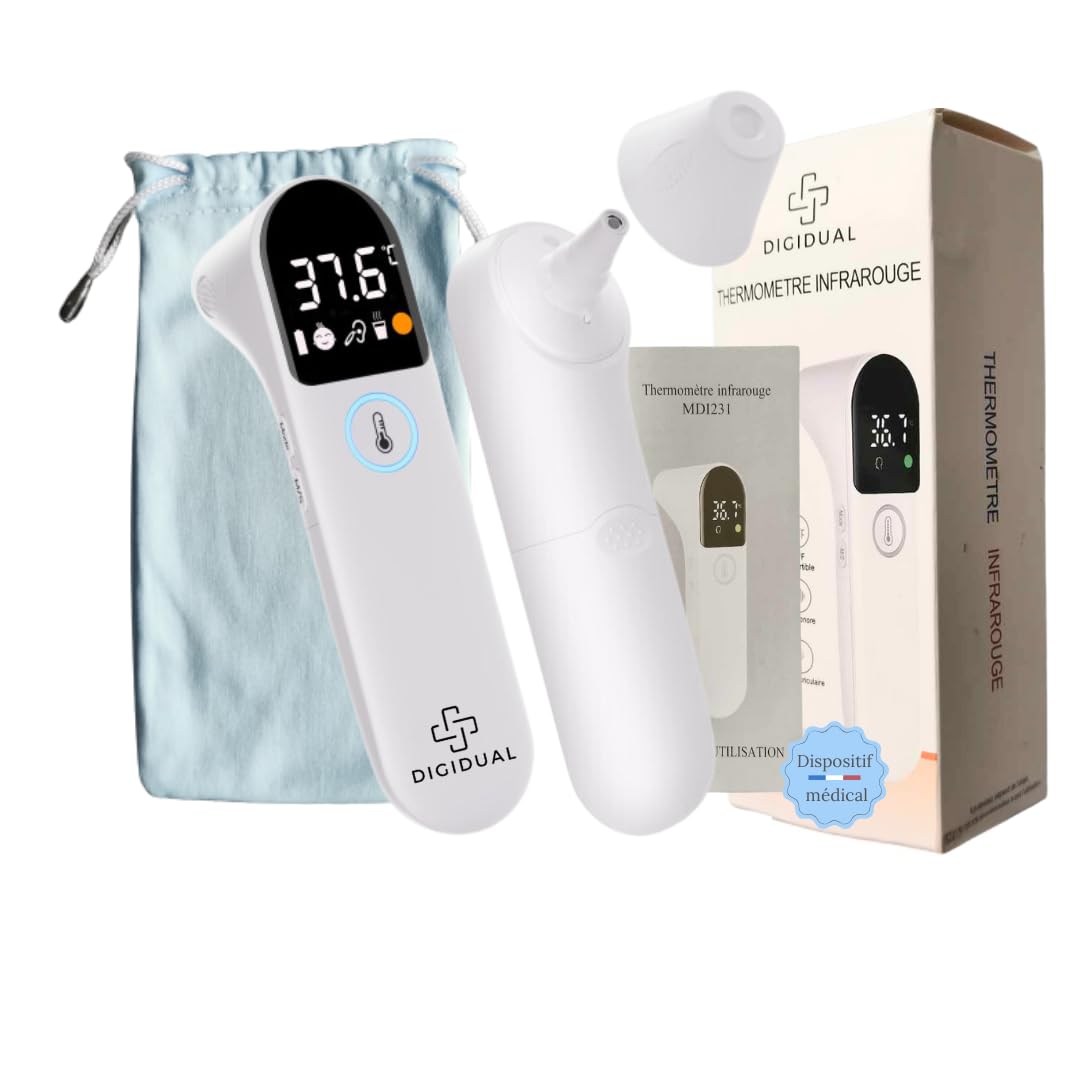 DigiDual Thermomètre Infrarouge Médical Auriculaire et Sans Contact – Certifié CE IEC 60601‑1, Précis & Rapide, Pour Toute la Famille, Notice FR incluse