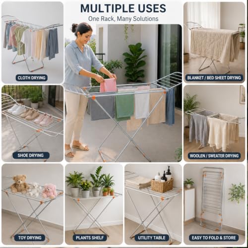 Image of BENAVJI Mild Steel Cloth Drying Stand - 3 Way Folding, 42 Feet Drying Length, 20 Drying Rails, Lightweight