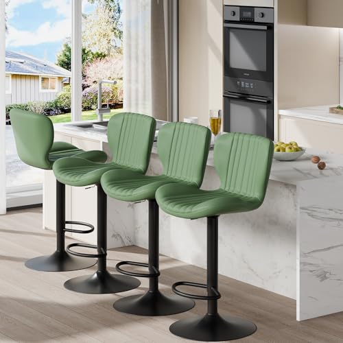 Image of Shintenchi Bar Stools Set of 4 Modern Swivel Bar Chairs, Counter Height Faux Leather Metal Barstools, Upholstered Island Chairs with Back and Footrest, Green