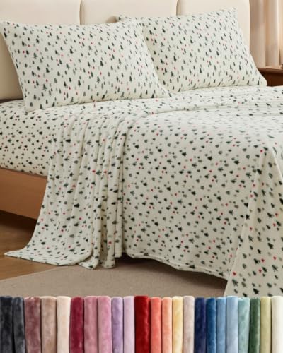 Image of Fleece Sheets Cal King Size Set - 4-Piece Flannel Sheet Set - Trees