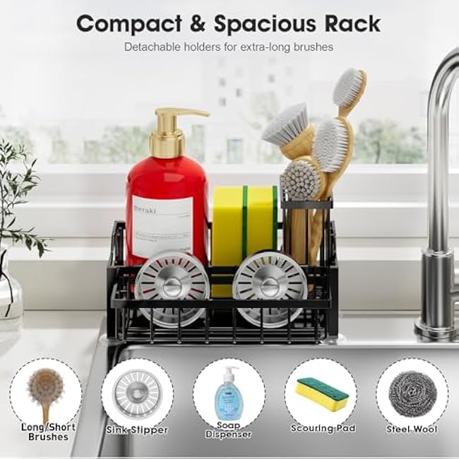 Compact Kitchen Sink Caddy Organizer with Long Brush Holders, 2 Baskets Sponge Holder for Kitchen Sink, Self Drain Rustproof Stainless kitchen Countertop Storage, Small Soap Dispenser Scrubber Rack