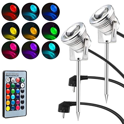 CPROSP 2 Unidades RGB Foco Proyector Exterior Jardin 10W con Control Remoto, IP67 Impermeable, Color Cambios, 4 Modos de Iluminación Opcionales, con Espiga de Tierra Enchufe para Exterior