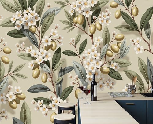 Papier peint intissé branches d'olivier citron vert olive 150x105