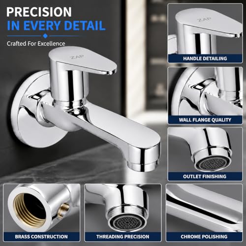 Image of ZAP Brezza Long Body Bib Cock Tap | Full Brass Wall Mounted Faucet for Bathroom & Kitchen Sink | Premium Chrome Finish | Rust Resistant Water Tap with Wall Flange | Long Body Basin Tap