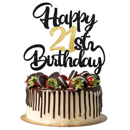 21th Happy birthday Cake Topper 21th Birthday Decorations Black Gold Glitter Happy Birthdays Decorations Cheers to 21 Years Birthdays Cakes Topper Cake Gift Plugin Anniversary Party Cakes Supplies