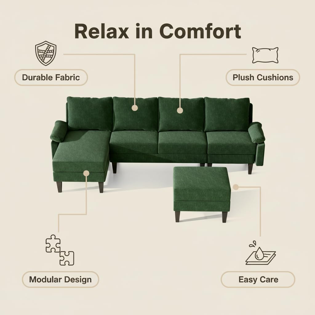 115 Inch L-Shaped Sectional Sofa with Storage Ottoman, 4-Seater Couch with Plush Cushions, Modern Upholstered Living Room Set with Chaise Lounge, for Living Room, Apartment, Green