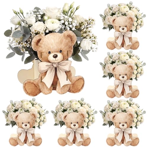 Novabright 6 Pcs Bear Wooden Centerpieces for Tables Cute Bear with Bow We Can Bearly Wait Baby Shower Decorations Tabletop Boxes Party Favor for Birthday Baby Shower Gender Reveal(Beige Neutral)