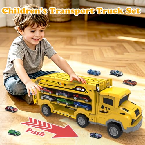 Car Carrier Truck for Kids 3-5,6-8Years, Foldable Transport Truck with 2.8-Ft Car Track and 6 Die-Cast Race Cars, Cars and Trucks for Toddlers Boys Girls Ages 3,4,5,6,7,8, Birthday Gifts(Yellow) by ShyLizard - Used condition - Image 5