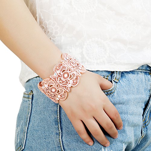 D Exceed Womens Bohemian Lace Bracelet Vintage Filigree Cuff Bangle Bracelet Wide Stretch Rhinestone Bracelets For Ladies #TOP3
