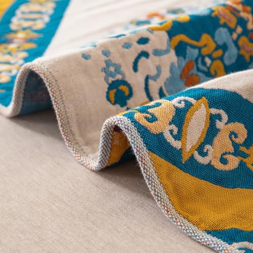 Image of Full 100% Cotton Muslin Boho Blanket for Adults All Seasons 6-Layer Gauze | Reversible Lightweight Breathable Cotton Muslin Throw, Ideal for Sofa Couch Bed, All Seasons, Tapestry, Outdoor Used