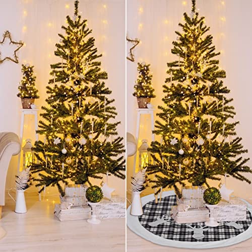 Buffalo Plaid Christmas Tree Skirt 48 in, Black and White Buffalo Check Christmas Tree Skirt with Faux Fur Edge for Holiday Christmas Decorations