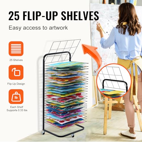 Image of VEVOR Art Drying Rack, 25 Removable Shelves, 17 x 13 x 39.4 inch Paint Rack with Lockable Wheels, Carbon Steel for Artwork in Classrooms, Art Studios and Schools, Black