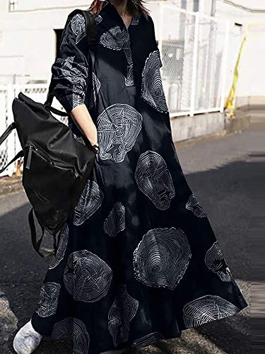 Fantercy Vestido longo feminino de algodão vintage com anéis de árvore padrão gola virada para baixo