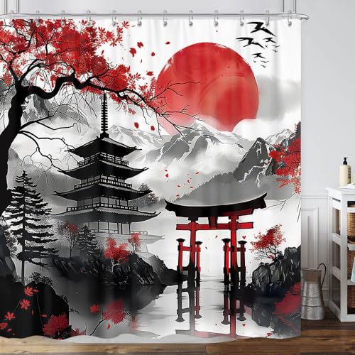 Japanese Anime Shower Curtain Cool Watercolor Japan Cherry Blossom Floral Mountain Sun Asian Oriental Abstract Art Shower Curtain Red and Black Fabric Bathroom Decorative with 12 Hooks 7272