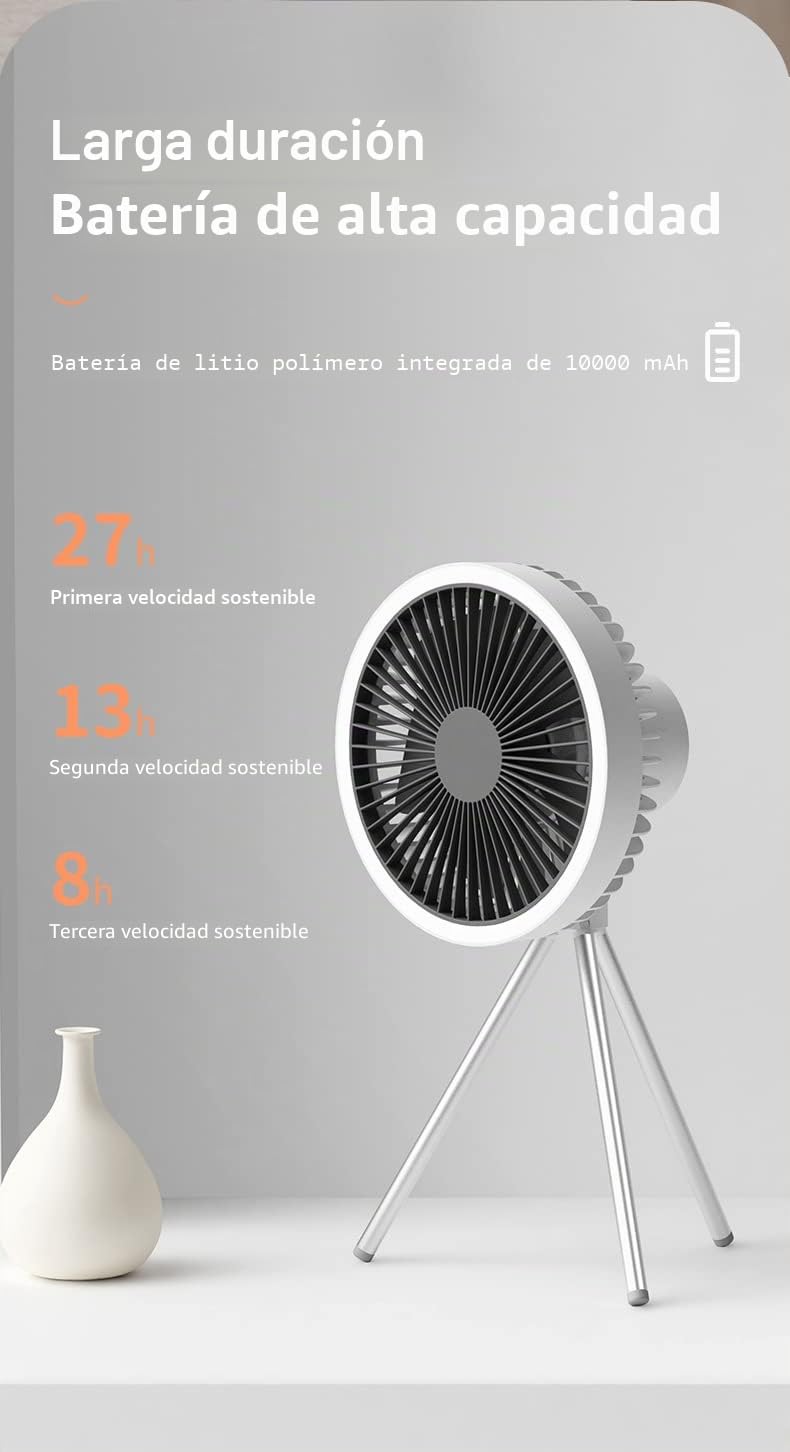 Ventilador de tienda con trípode, ventilador de escritorio con luz, 18 x 18 cm, 560 g, 10000 mAh, tiempo de trabajo 27 H (gris)