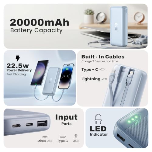 Image of EVM EnConnect Plus 20000mAh Power Bank | 22.5W PD & PPS Fast Charging | Built-in Type-C & Lightning Cables | USB-A & Type-C Output | Android, Pocket Size | 2 Year Warranty(EVM-P0506-Misty Blue)
