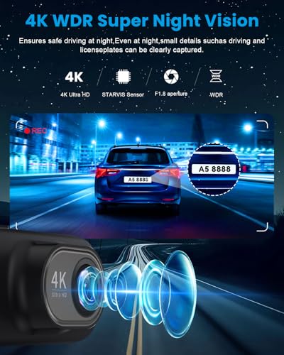 Dash Cam 4K Front, Ultra HD Dash Camera for Cars, 1.47''IPS Screen Mini Car Camera with APP Control, Built-in Wi-Fi & G-Sensor, 24H Parking Mode, Night Vision, WDR, Loop Recording, Support 256GB Max - Image 6