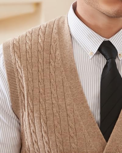 Kallspin Men's Cable Knit Sweater Vest Wool Blend V Neck Button Down Sleeveless Cardigan Vest4
