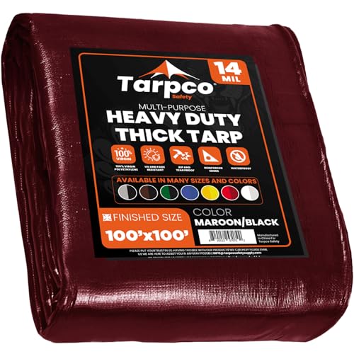 Image of Extra Heavy Duty 14 Mil Tarp Cover, Waterproof, UV Resistant, Rip and Tear Proof, Poly Tarpaulin with Reinforced Edges for Roof, Camping, Patio, Pool, Boat (Maroon /Black 100′ X 100′)