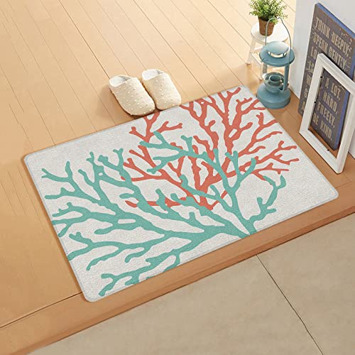 Teal Red Coral Door Mat - Leather Front Door Mat Non-Slip Kitchen Rugs, Summer Ocean Nautical Coastal Rustic Burlap Waterproof Floor Mats Indoor Outdoor Welcome Doormat For Doorway/Bathroom 18"X30" #TOP17