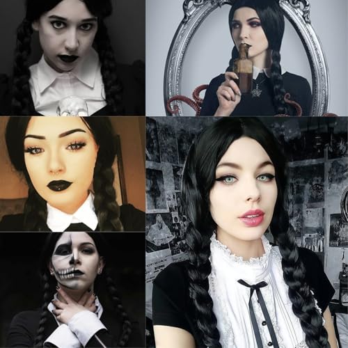 Image of Cying Lin 28 inch Long Double Braid Wigs Costume Black Wigs for Women Cosplay Party Halloween Wig Include Wig Cap