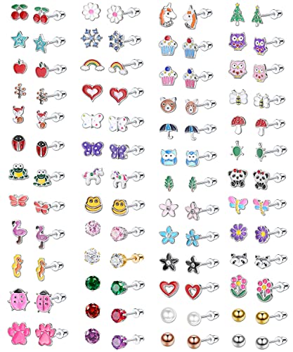 MILACOLATO 51Pares Pendientes Niñas Lindos y Pequeños Con Agujas Hipoalergénicas Acero Inoxidable Circonitas De Colores Animales Flores Frutas Perlas Estrella Aros Aretes Joyería Regalos