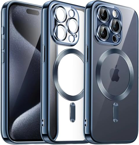 Image of TPU Designed for iPhone 15 Pro Max Luxury Electroplating Case [Magnetic MagSafe] [Integrated Lens Protection] Back Cover Case for iPhone 15 Pro Max (Blue)