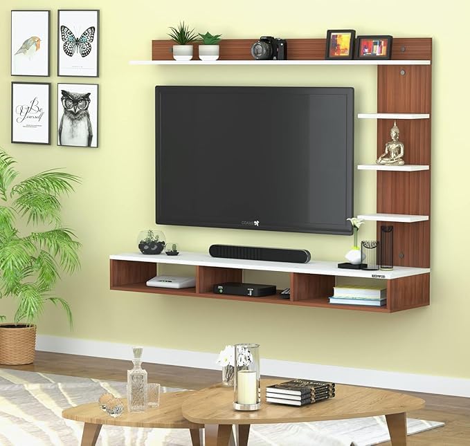 Image of Anikaa Tyron Engineered Wood Wall Mount TV Unit /TV Stand /Wall Set Top Box Stand /TV Cabinet /TV Entertainment Unit with LED Light (Walnut /White)(Ideal for Upto 42 inch)(D.I.Y)