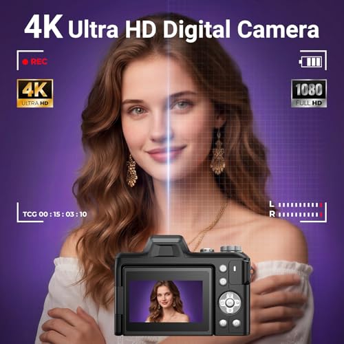 Image of 4K Digital Camera for Photography, 56MP Autofocus Vlogging Camera for YouTube Travel, 3 inch 180Flip Screen & Lens Hood 16X Zoom, 32GB SD Card for Teens & Beginners