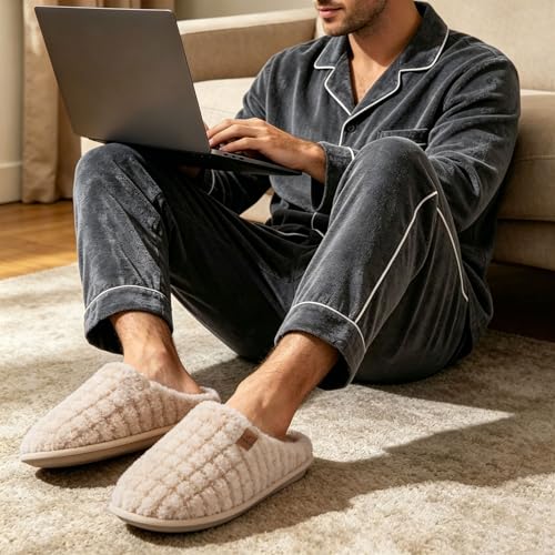 Image of COFACE Mens Cozy Memory Foam Scuff Slippers Casual Slip On Warm House Shoes Indoor /Outdoor Sandal Slippers With Arch Support Rubber Sole Size 7-15