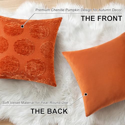 Image of decorUhome Decorative Rust Pumpkin Thanksgiving Throw Pillow Covers 18x18 Set of 2, Soft Chenille Jacquard Farmhouse Textured Pillow Covers for Couch Bed Sofa Autumn Harvest Halloween Holiday