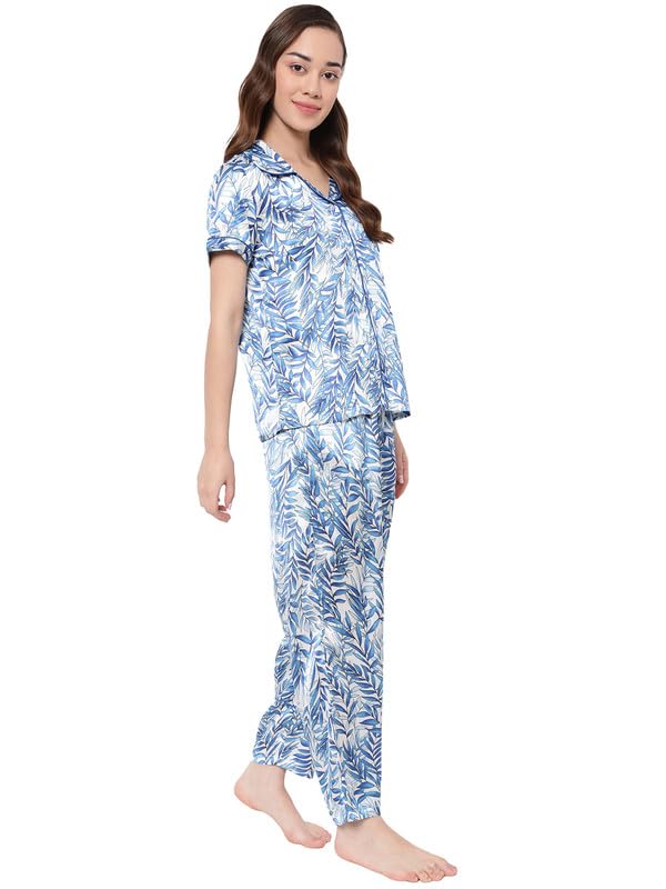 Image of Clovia Women's Crepe Printed Button Down Shirt & Pyjama Set in Grey