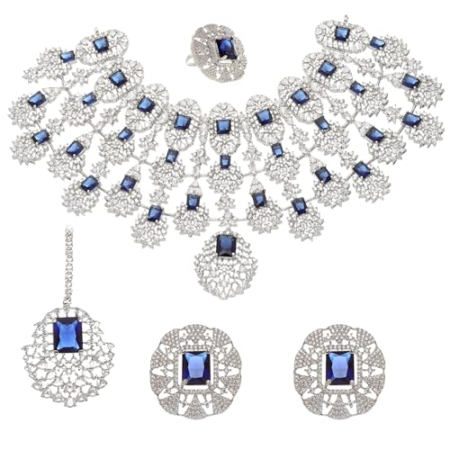 Image of ZENEME Rhodium-Plated American Diamond Studded Tasselled Necklace With Earrings Ring & MaangTikka Jewellery Set For Girls and Women