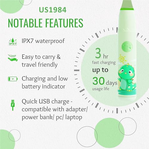 Image of Sonic Electric Toothbrush for Kids with 4 Modes, 3 Brush Heads & Rechargeable Battery, Ultra Soft Nylon Bristles, IPX7 Waterproof, Electric Power Tooth brush (Green)