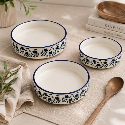 Image of The Earth Store Floral Blue Ceramic Platters Set of 3 (7 Inch Each, Different Sizes) - Microwave & Dishwasher Safe Serving Platters for Snacks, Desserts & More