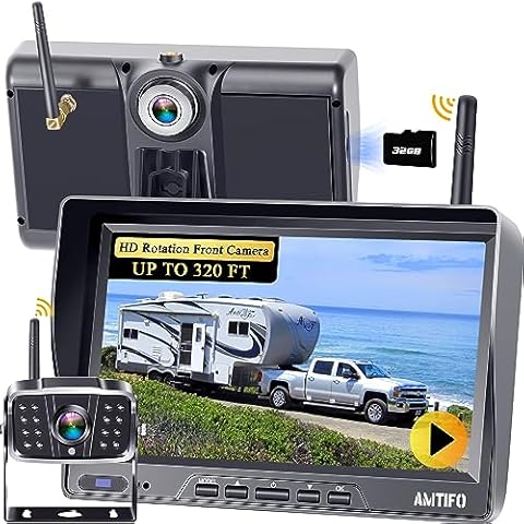 Wireless Backup Camera for RV, 7 Inch Dual Camera System with Front Cam, 1080P HD, 360° Rotation, 32GB TF Card - Compatible with Furrion Pre-Wired RV Camera for Trailers, Trucks & Campers Cover