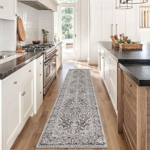 KUTA Hallways Runner Rug 2x8 Tan Grey, Vintage Floral Kitchen Rugs Non-Slip Washable Ultra Soft Printed Retro Distressed Flower Carpet Entryway Runners for Bedroom Laundry Nursery
