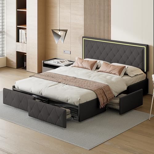 DULRLLY Bett mit Stauraum, 140x200 Polsterbett mit 4 Schubladen und LED-Kopfteil, Doppelbett Bettgestell mit Lattenrost, Jugendbett Funktionsbett Stauraumbetten Rückenlehne Bett, Dunkelgrau(PU)