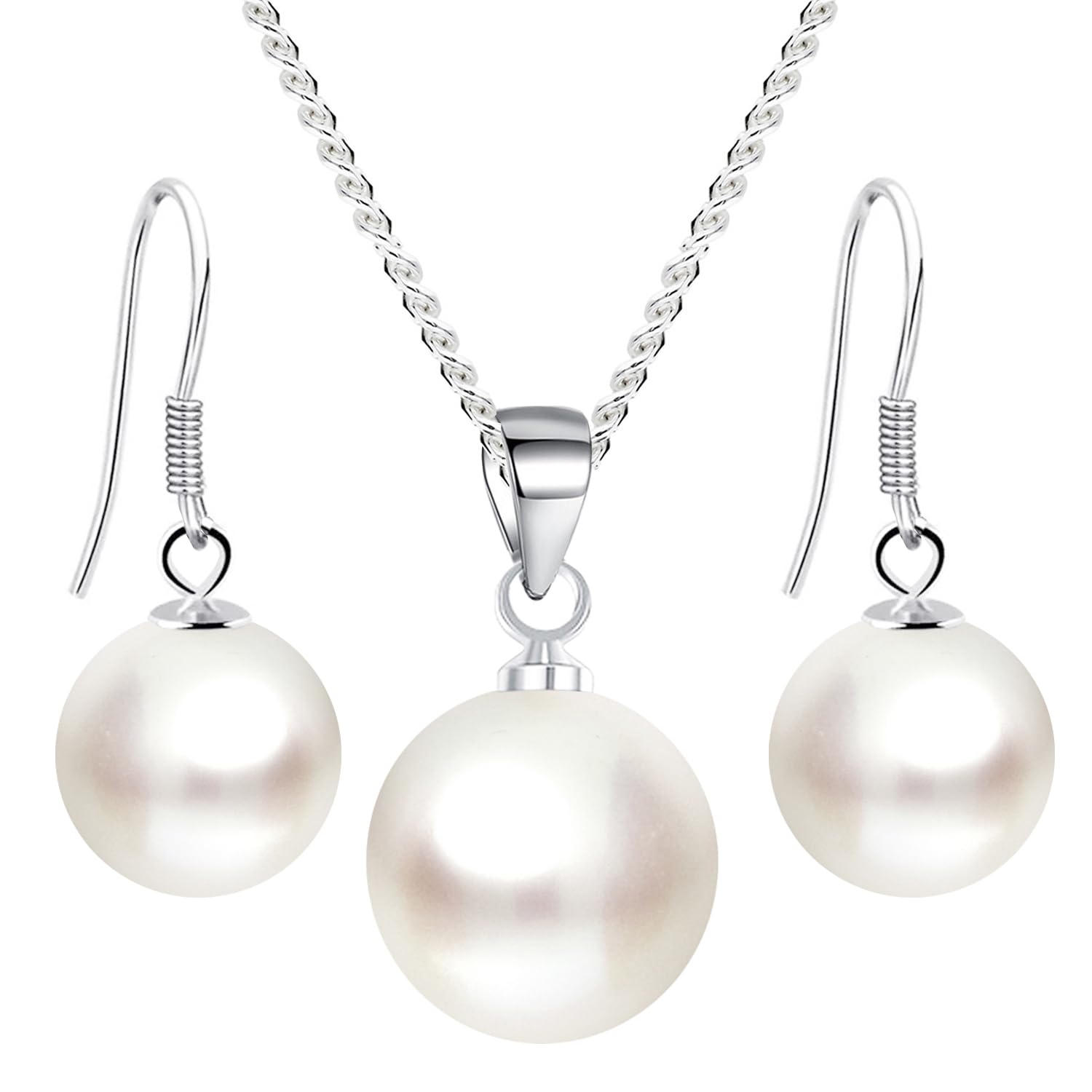 Damen Schmuckset 925 Silber mit runden Perlen Halskette Anhänger Weiß Kette Perlenohrringe Hängend Tropfen Set Brautschmuck | Geschenke für Frauen Freundin Mama Mutter