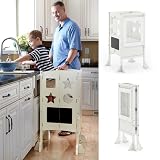 Guidecraft Classic Kitchen Helper® Stool - Ivory: Foldable Toddler Tower with Adjustable Height Platform | Premium Learning Montessori Collapsible Step Stool for Kids