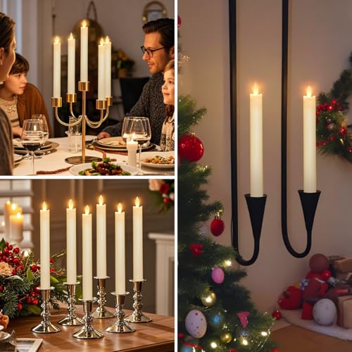 Image of Battery Operated Flameless Ivory Taper Candles Flickering-Set of 6, Realistic 3D Wick Flickering LED Taper Candle Set,USB-Rechargeable, Remote & Timer, Ideal for Living Room, Bedroom & Easter Decor