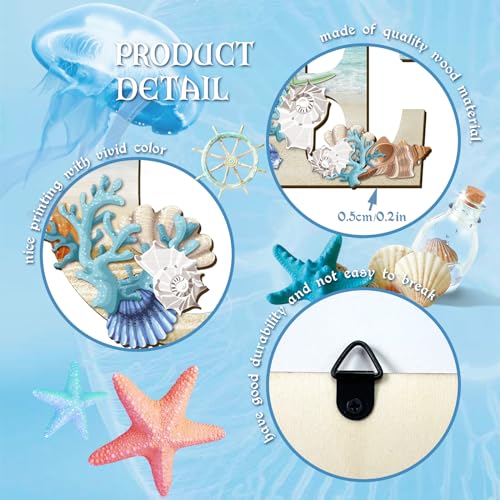 4 Pcs Wood Home Signs - Coastal Beach Style Signs With Blue Starfish and Shell Wall Decor for Home, Living Room, Kitchen, Bedroom - Image 3