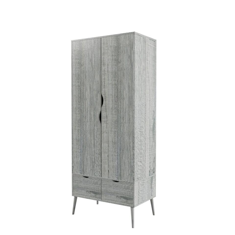 URBNLIVING 180cm Tall Freestanding Ash Grey Wardrobe with 2 Door 2 Drawer Modern Shelf Clothes Storage Scandi Legs Cupboards Hanging Rail Unit for Bedroom