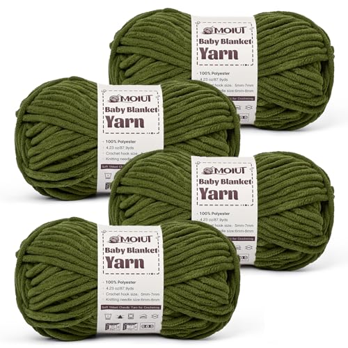 Image of Fluffy Chunky Yarn for Crocheting, Chenille Crochet Yarn 6 Super Bulky, 4 Pack of 87.9 yds /4.23 oz Baby Blanket Yarn, Soft Velvet Yarns for Knitting Amigurumi&DIY Crafts /Hats /Socks(4 Army Green)
