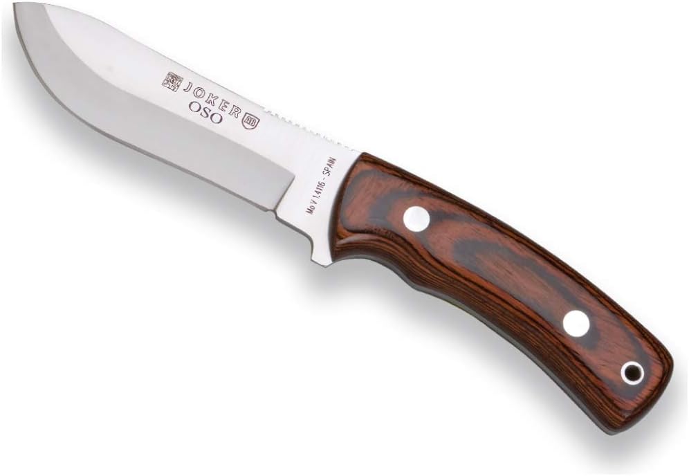 Joker Mountain knife Oso CR54 with handle in red wood Stamina and MOVA blade 4.72 inches, Bear, 230 gr, leather sheath, fishing tool, Hunting, camping and hiking